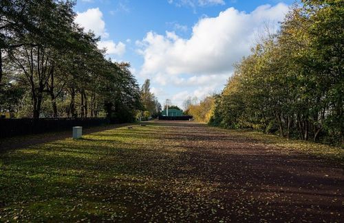 Wide open dirt-and-grass lot lined with trees, empty and ready for an event setup