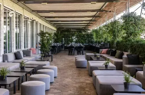 Covered rooftop terrace lounge in Milan with grey sofa seating, dark low tables, and lush greenery lining a slatted wooden pergola.