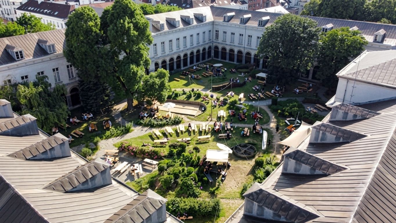 Historic neoclassical event venue in Brussels with a landscaped courtyard for corporate events, receptions and outdoor gatherings.